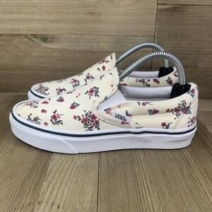 Vans Slip On Women Size 5 Beige Pink Roses Floral Skateboard Shoes Loafers